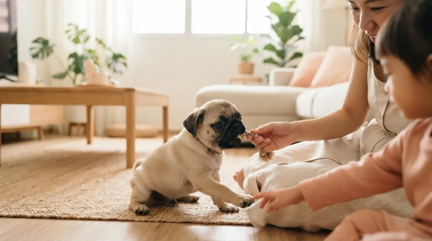Pug puppy playing gently with a family at home