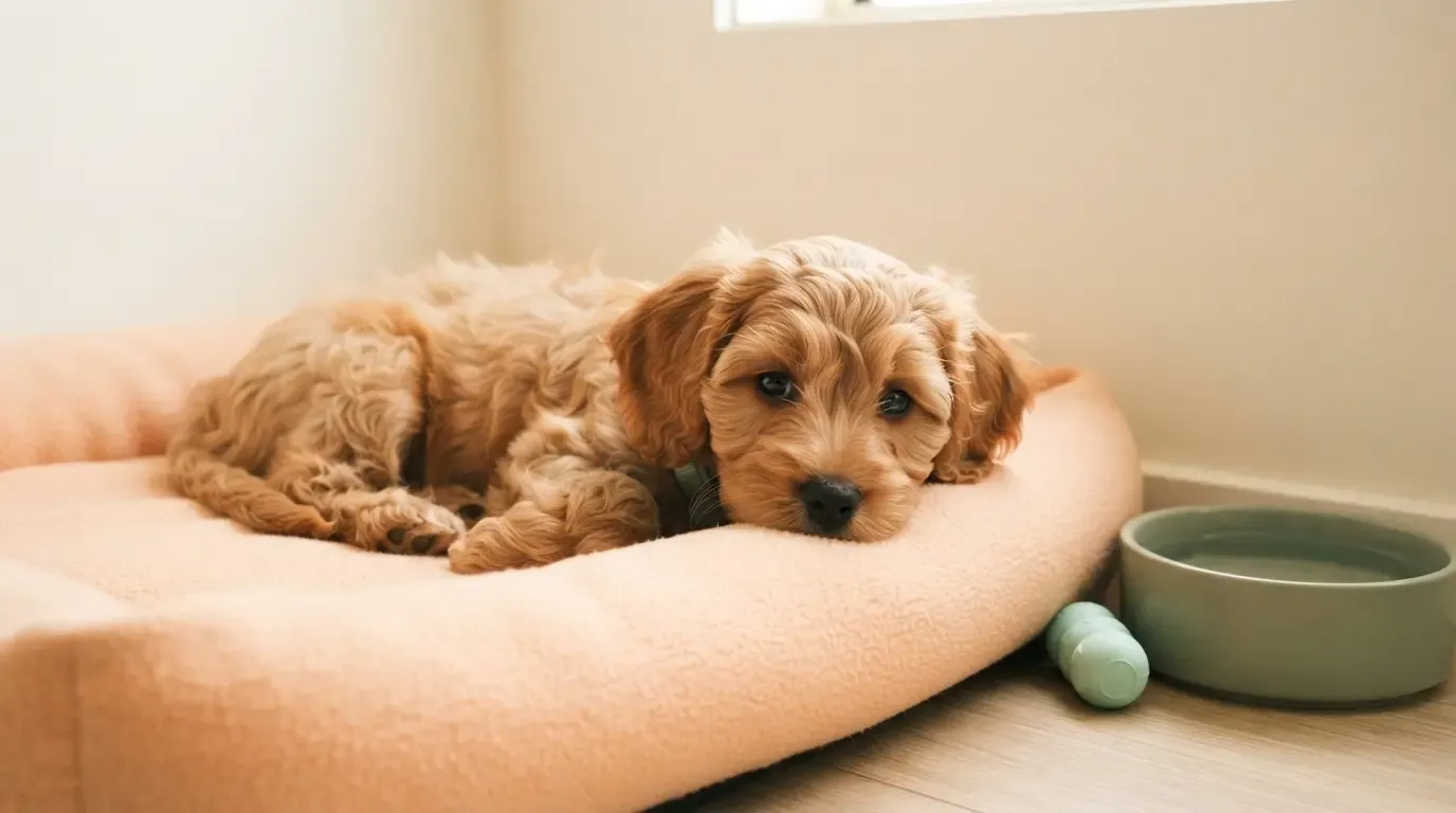 The licensed alternative to smuggled puppies: healthy Cavapoo resting safely in a proper pen with bed and water
