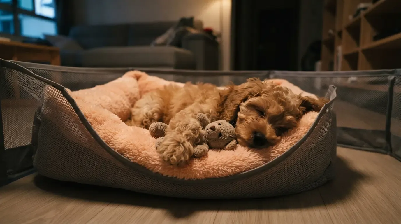 Puppy night routine: Cavapoo asleep in its dim playpen with a comfort toy after lights out