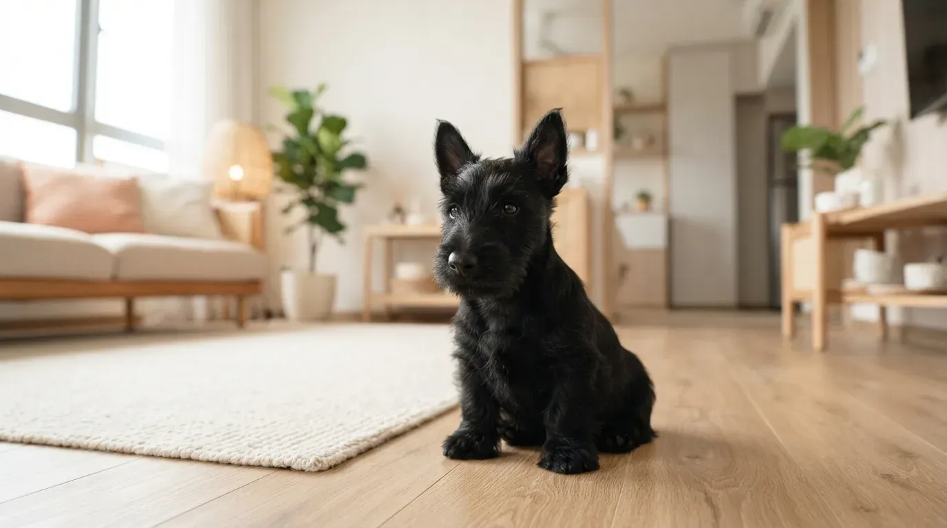 Scottish Terrier puppy surveying the living room with composure