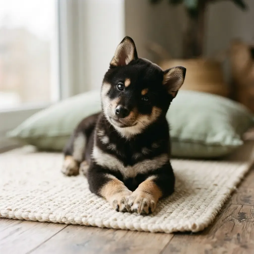 Black and tan female Shiba Inu puppy lying on a cotton mat