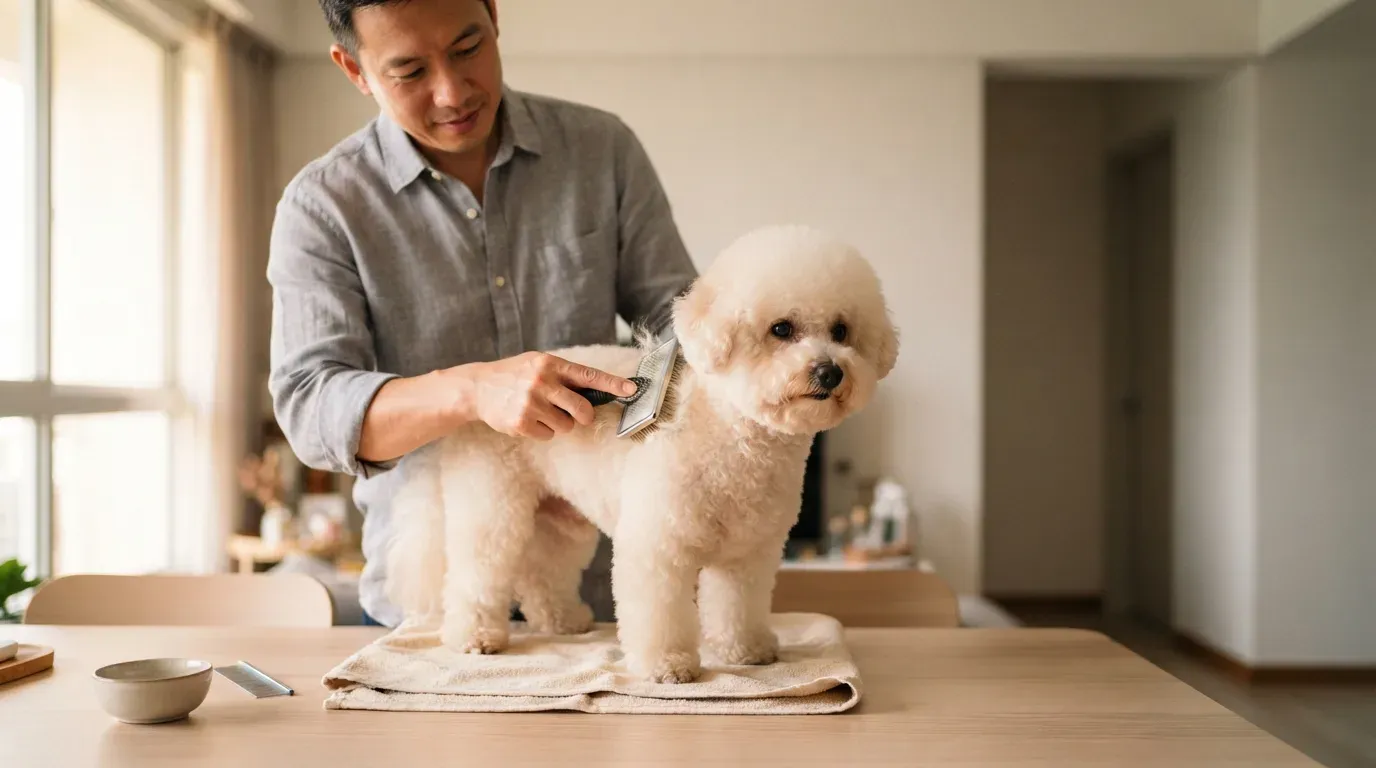 Small dog being groomed and brushed in humid Singapore weather