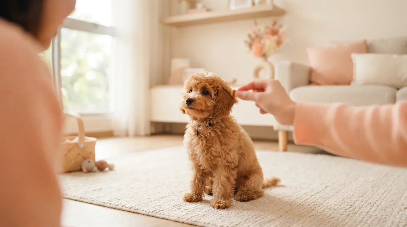 Toy Poodle puppy learning a cue during play at home