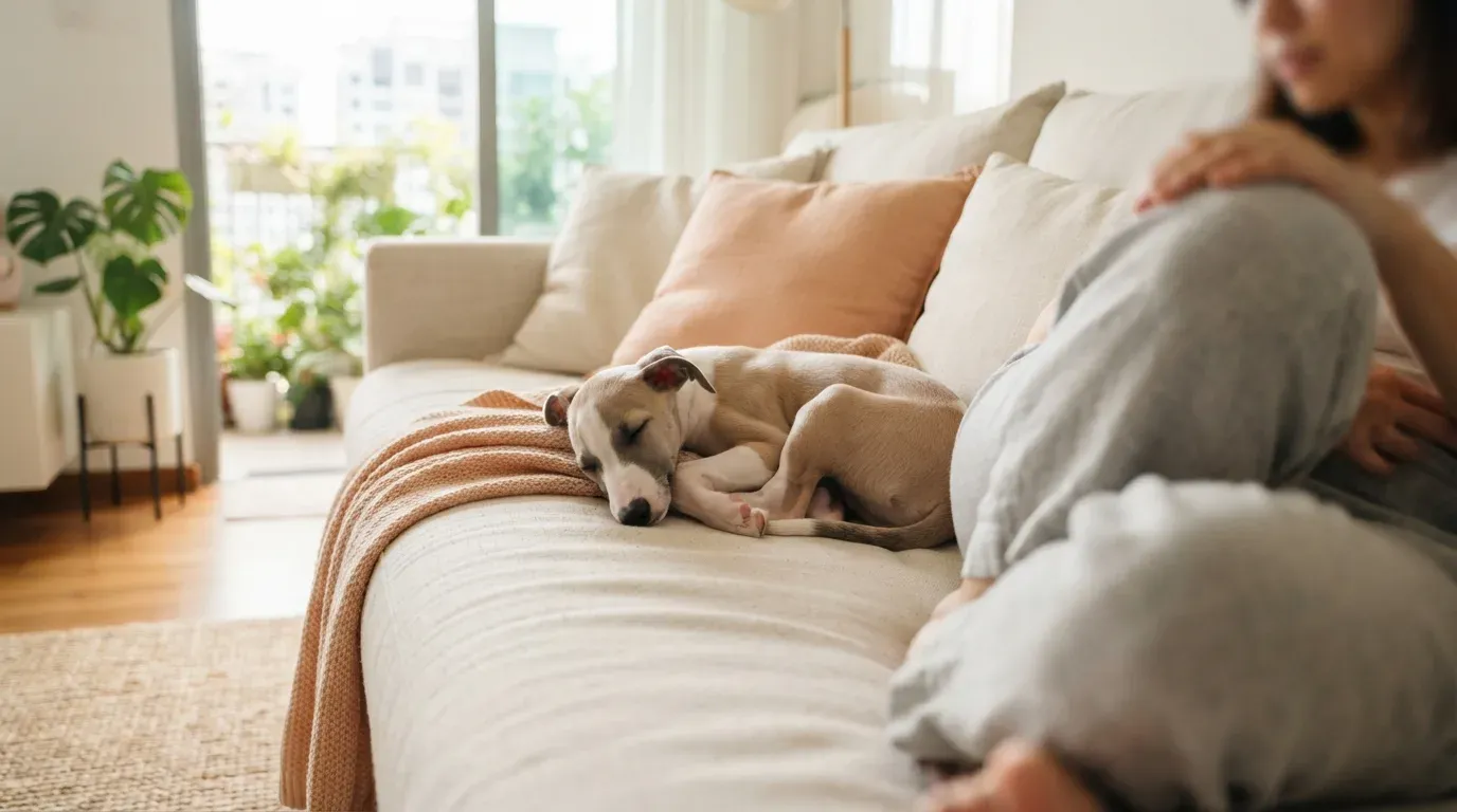 Whippet puppy curled up softly on a sofa beside its family