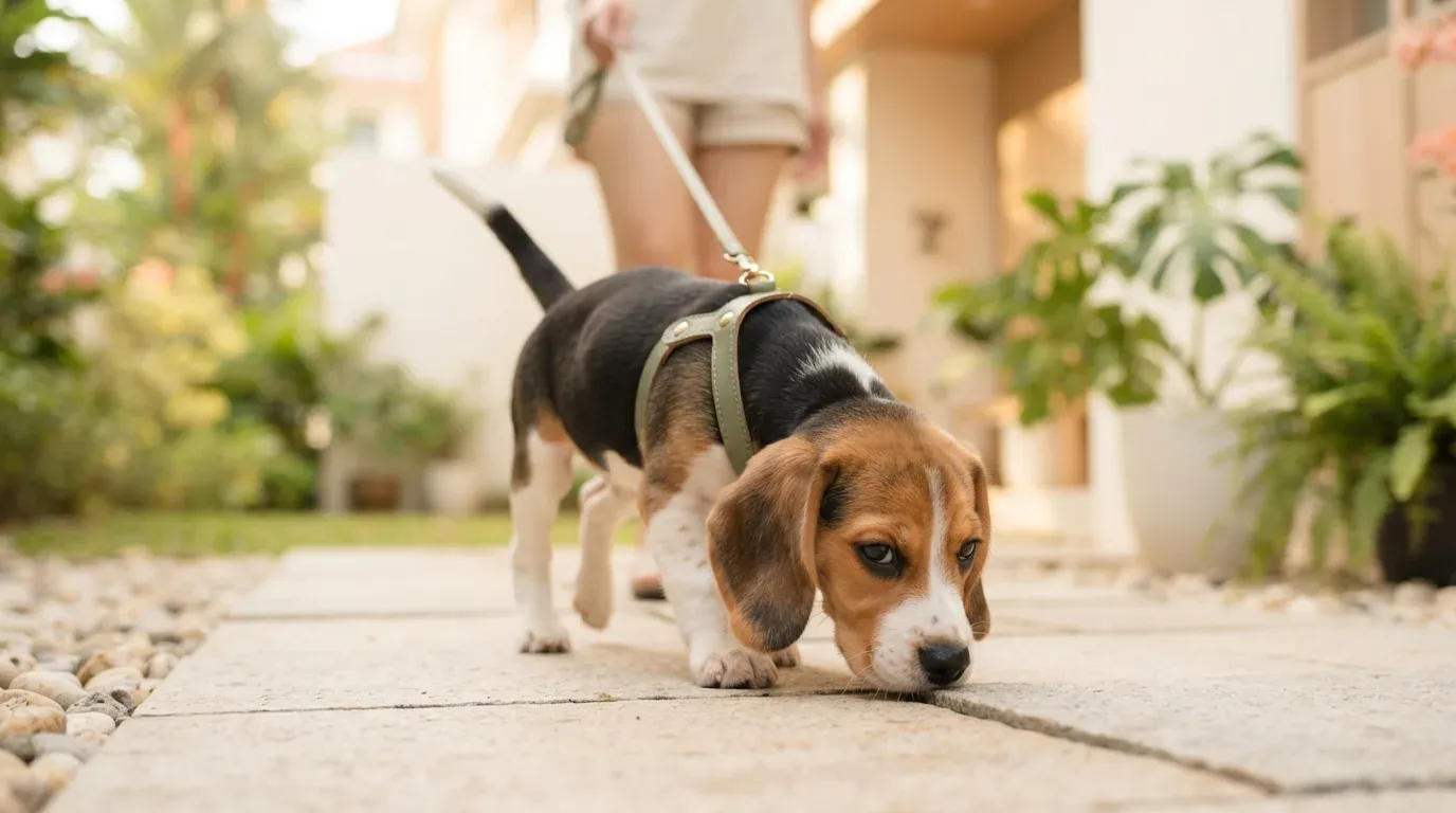 Beagle following a scent trail with its nose to the ground on a walk