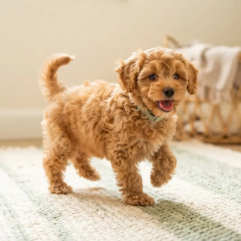 Apricot female Bichonpoo puppy walking on a cotton mat