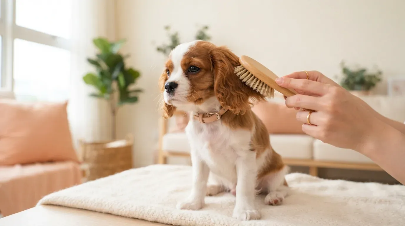 Cavalier King Charles Spaniel puppy having its silky ears brushed