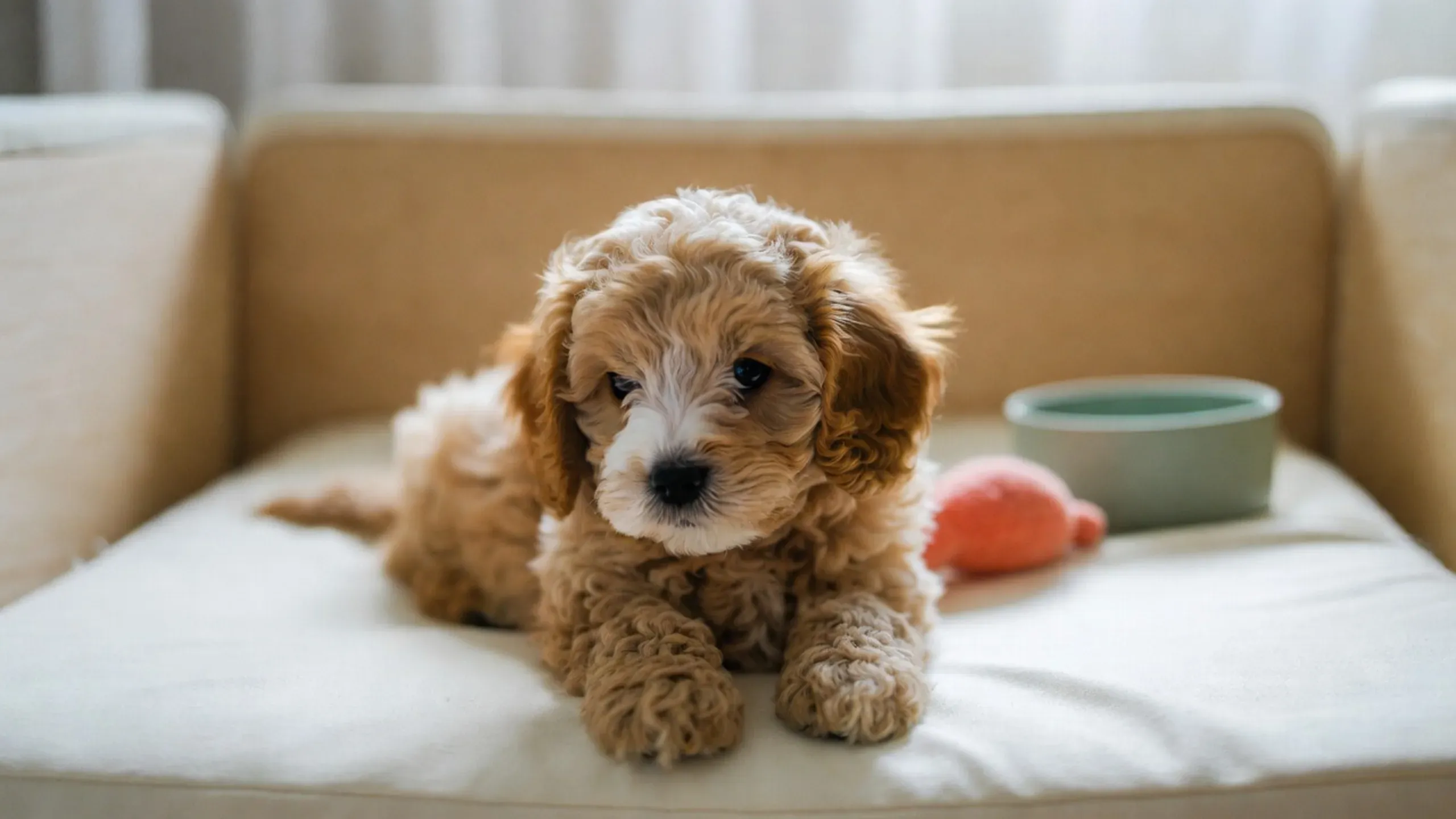 Cream female Cavapoo puppy resting in its playpen