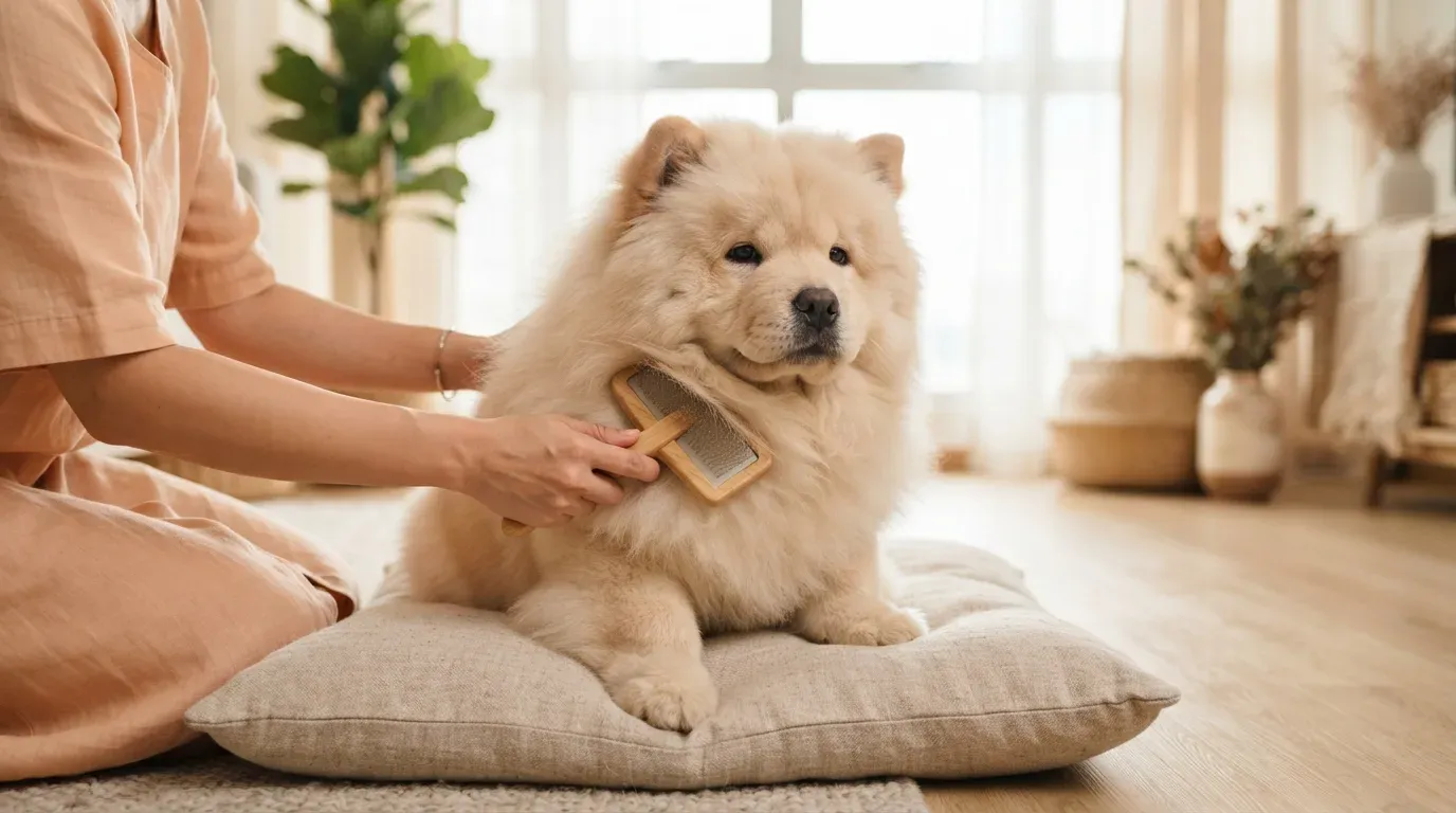 Chow Chow having its dense mane brushed through