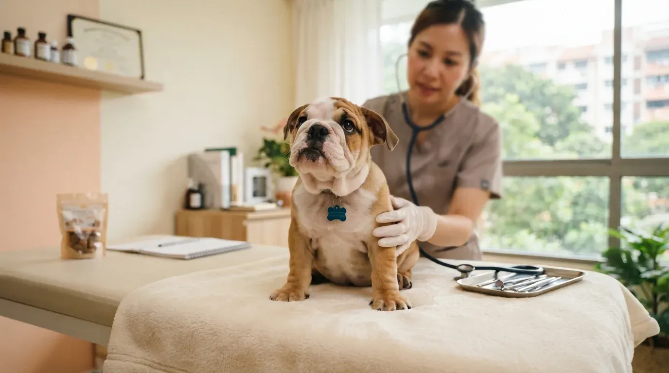 English Bulldog puppy at a veterinary health check before going home