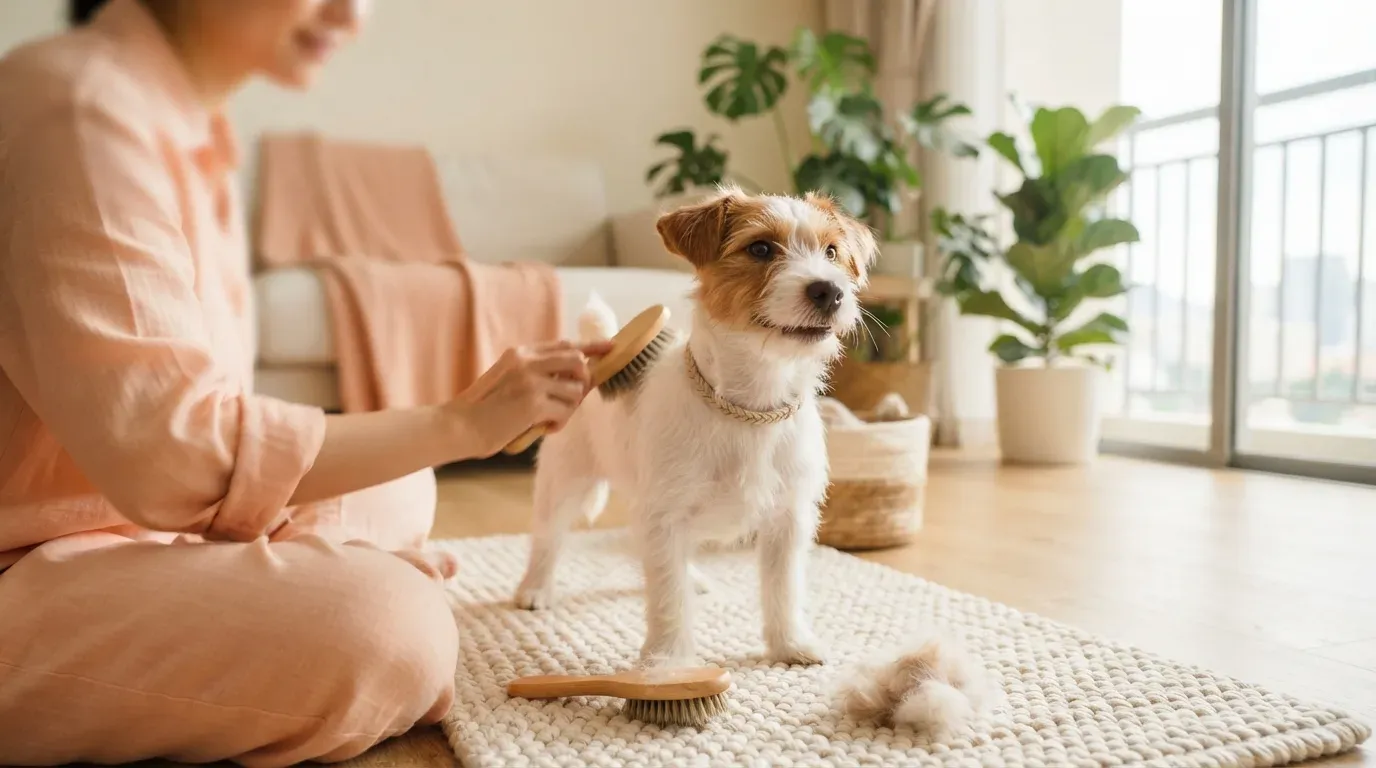 Jack Russell Terrier puppy being brushed after a walk