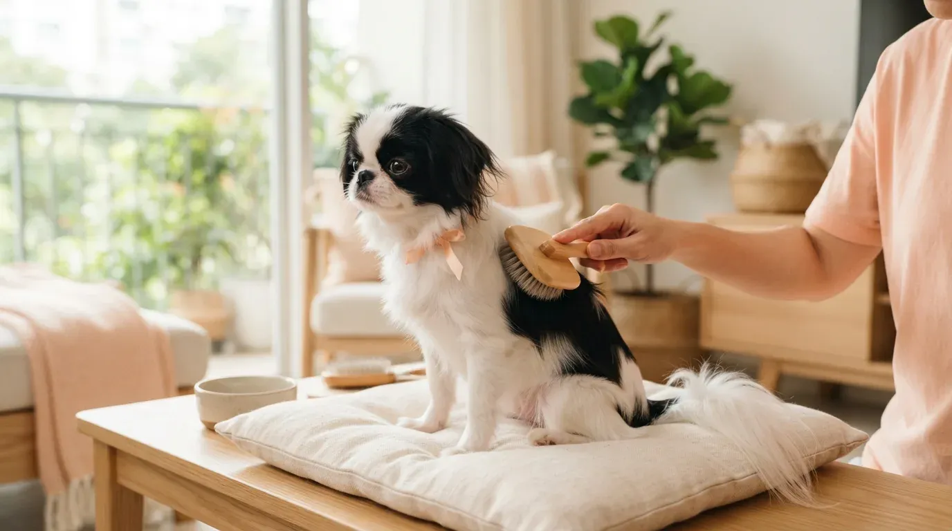 Japanese Chin puppy having its silky single coat brushed