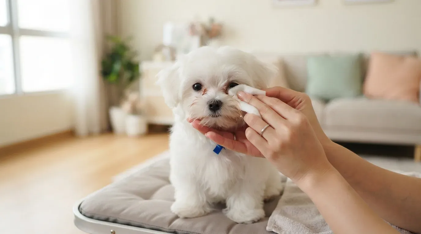 Cream-white female Maltese puppy during grooming and eye care
