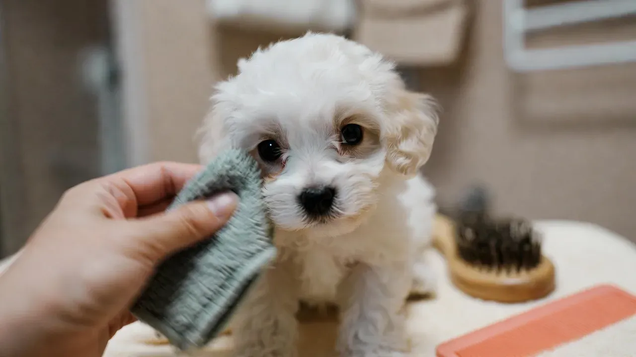 Apricot female Maltipoo puppy during grooming and coat care
