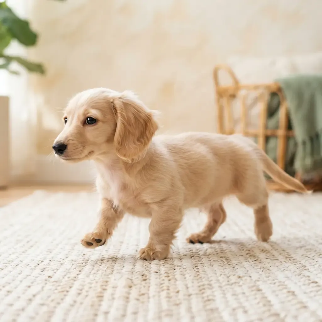 Cream long-haired female Mini Dachshund puppy on a cotton mat