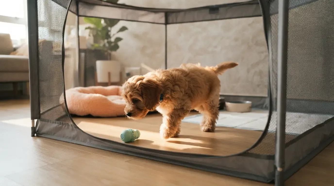 Puppy care guide Singapore: Cavapoo exploring its set-up playpen at its own pace in the first 24 hours