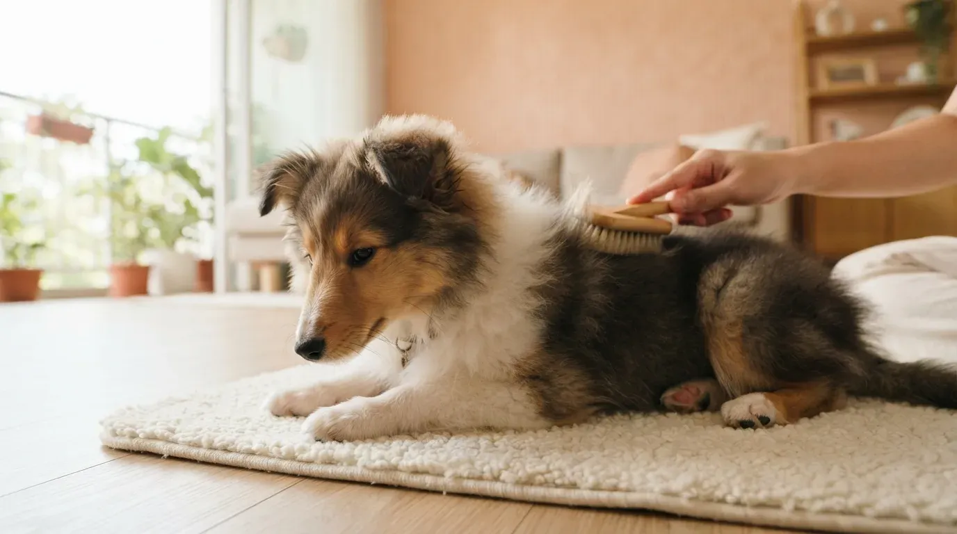 Sheltie puppy having its double coat line-brushed