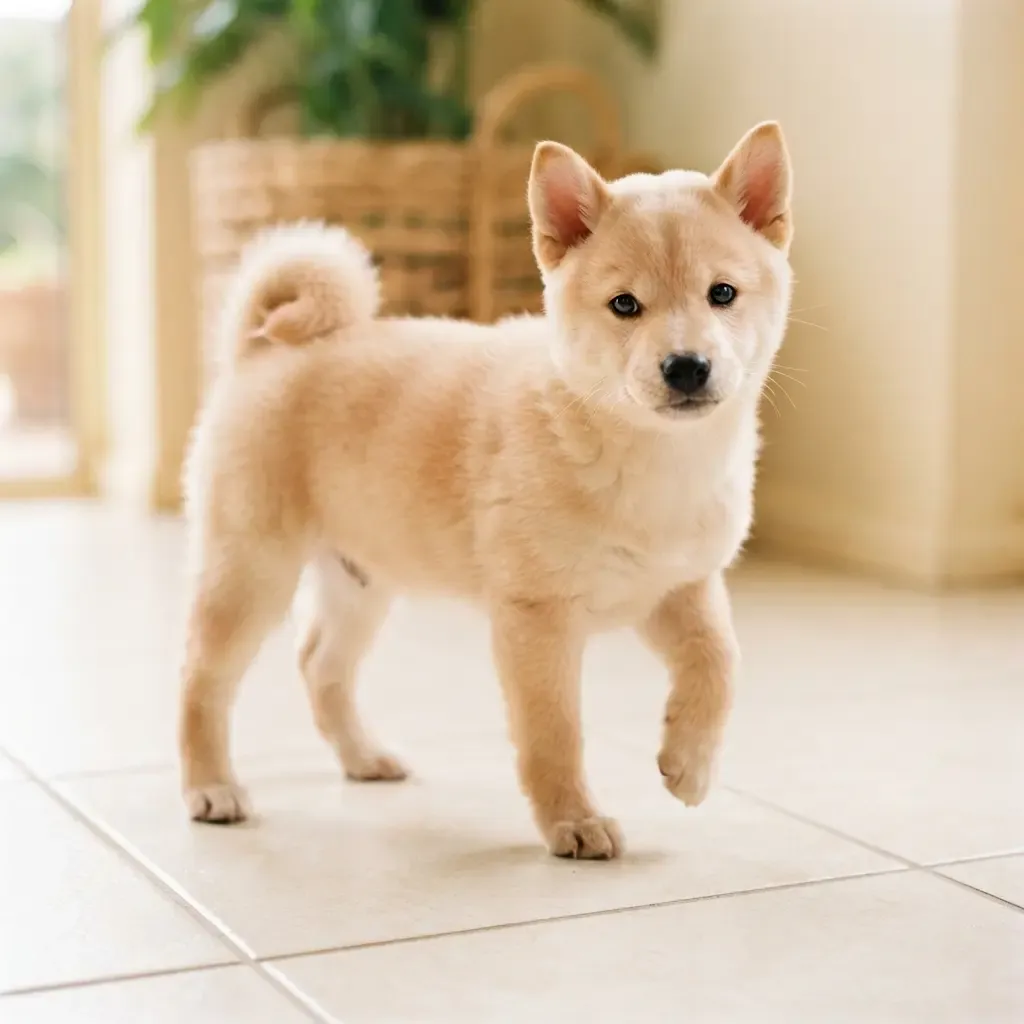 Cream male Shiba Inu puppy standing alert on cream tiles