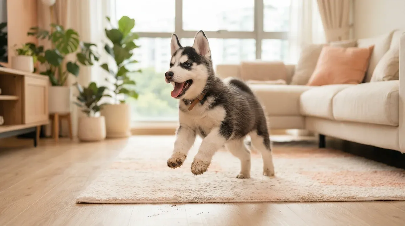 Siberian Husky puppy mid-play, mouth open in a husky grin