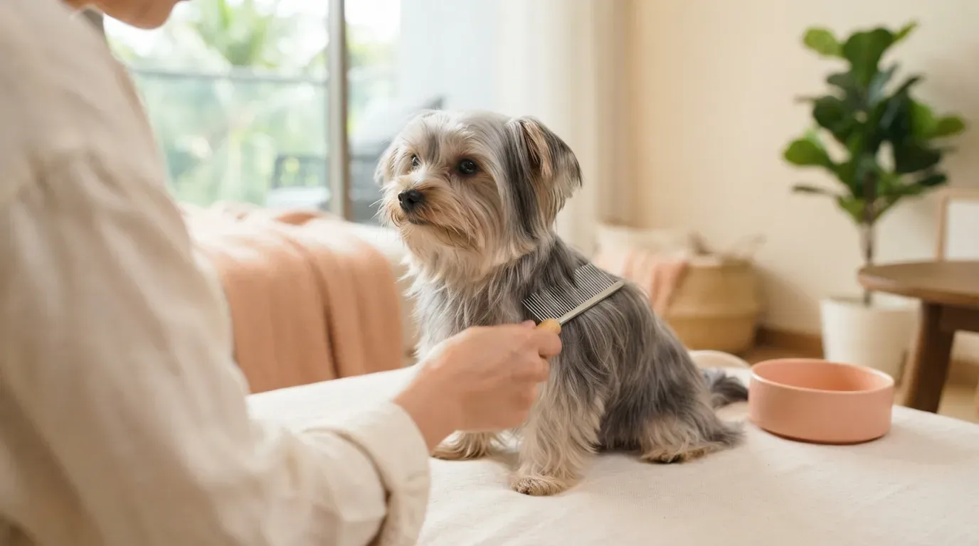 Silky Terrier puppy having its long coat combed through