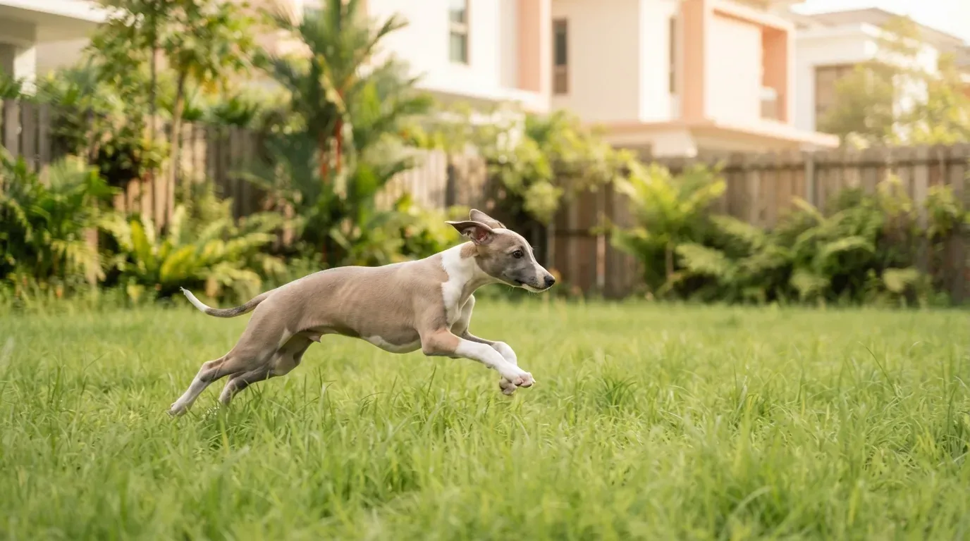 Whippet sprinting at full stretch across an enclosed field