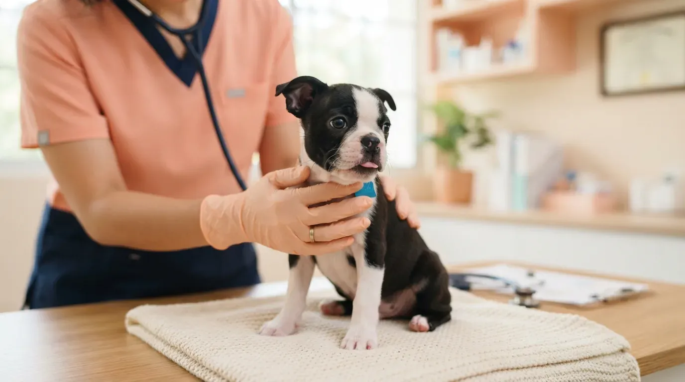 Boston Terrier puppy at a veterinary health check before going home