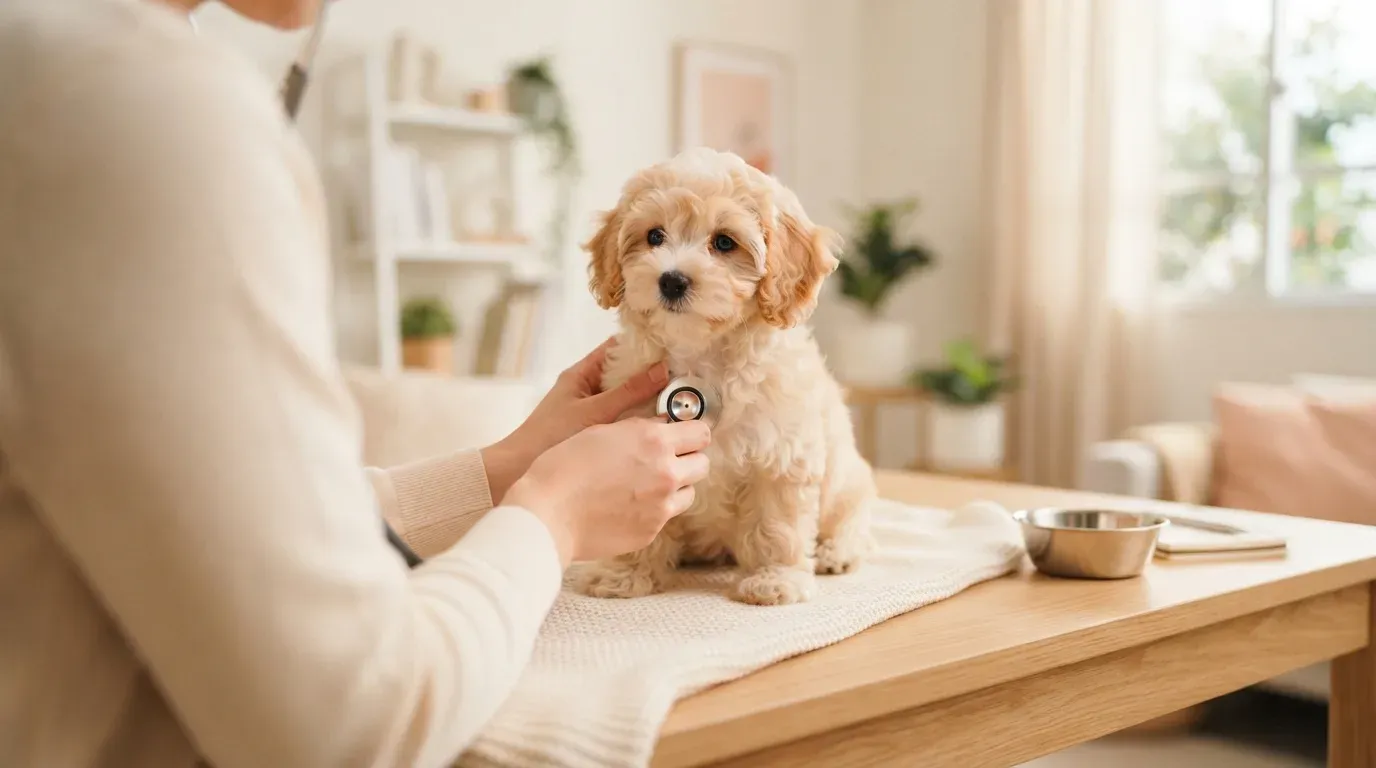 Cavachon puppy at a veterinary health check before going home
