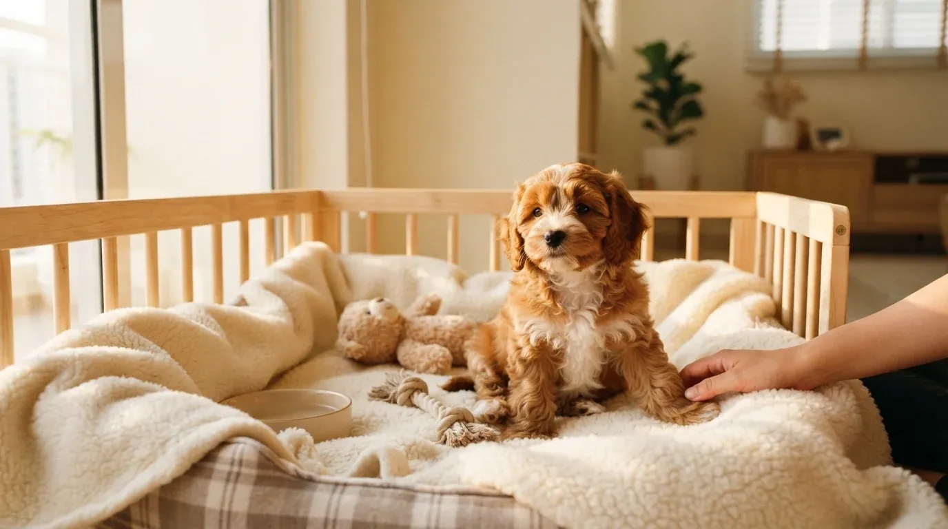 Cavapoo puppy settled in her playpen at home