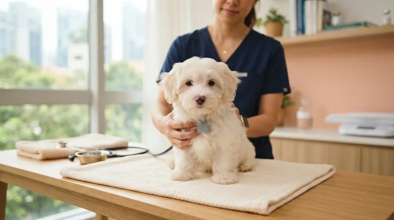 Coton de Tulear puppy at a veterinary health check before going home