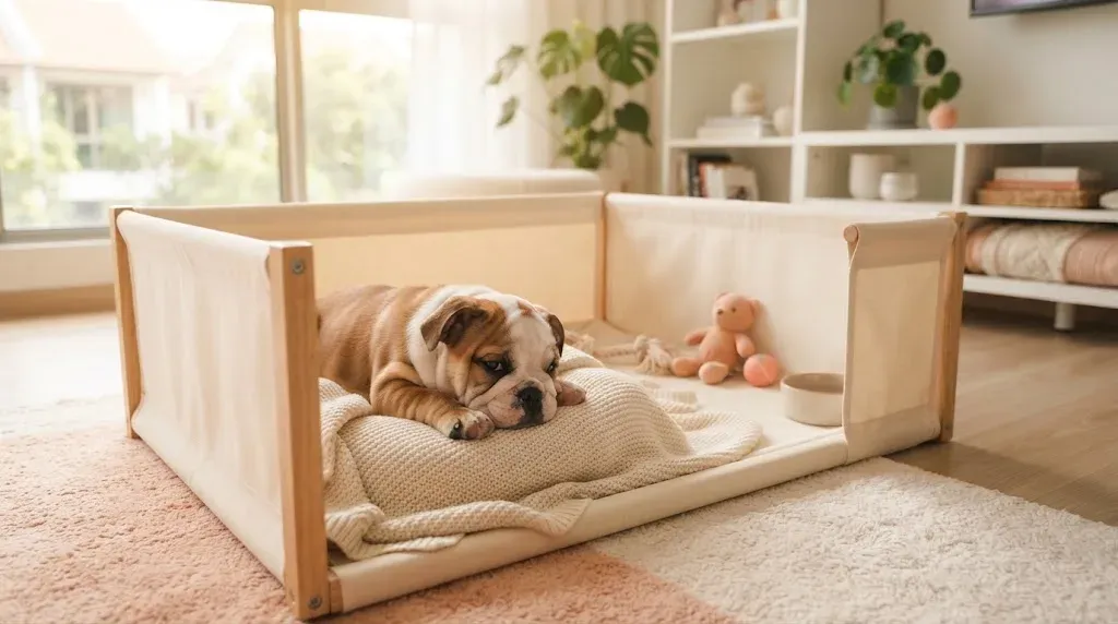 English Bulldog puppy settling into a set-up playpen during its first week home