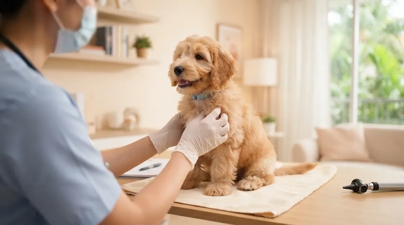 Goldendoodle puppy at a veterinary health check before going home