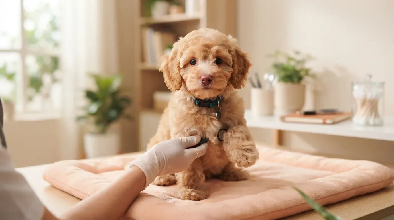 Labradoodle puppy at a veterinary health check before going home