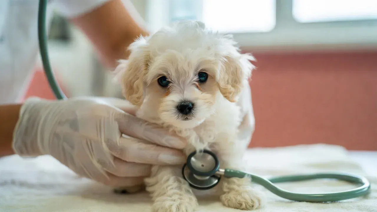 Maltipoo puppy at a veterinary health check before going home
