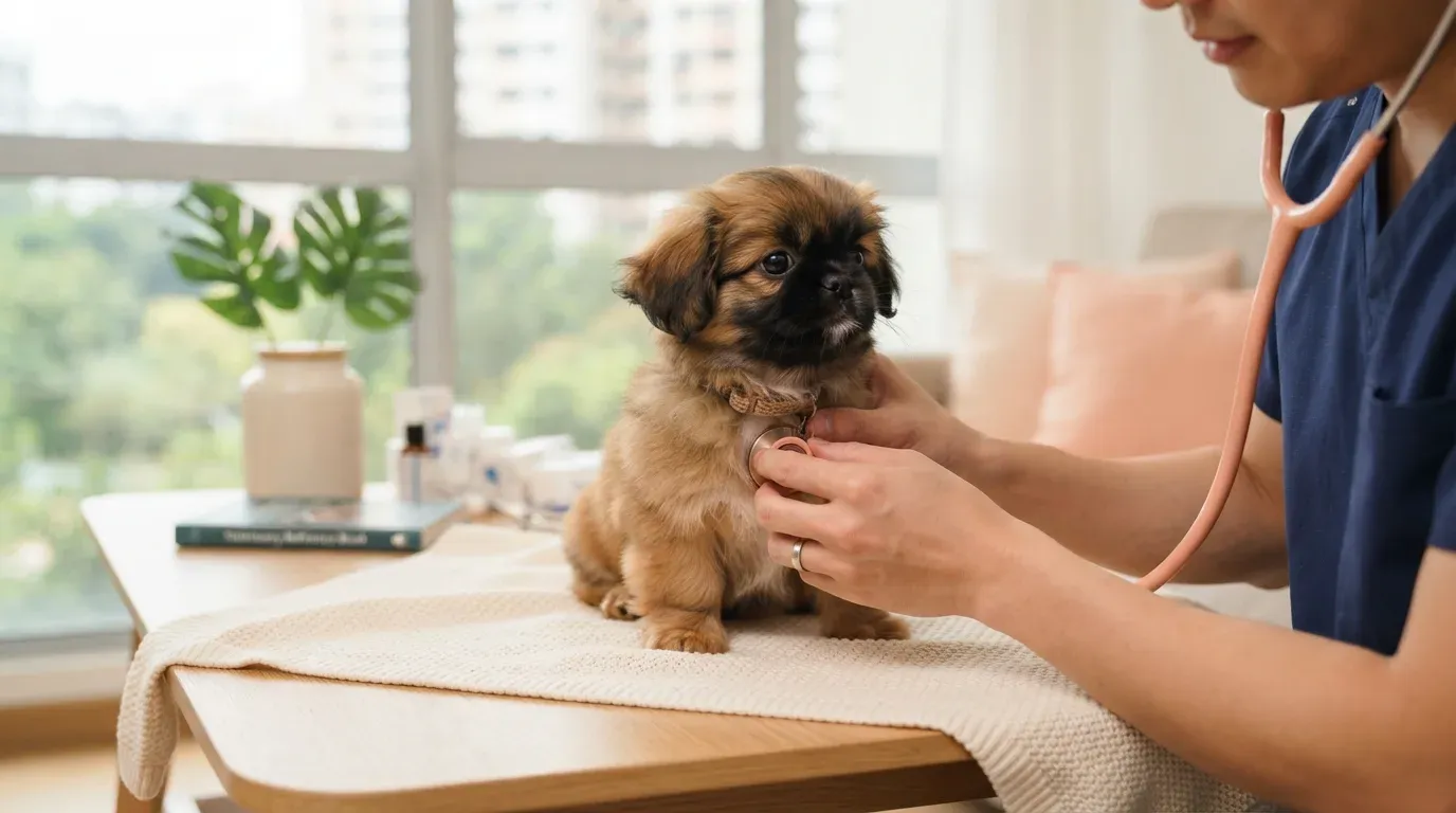 Pekingese puppy at a veterinary health check before going home