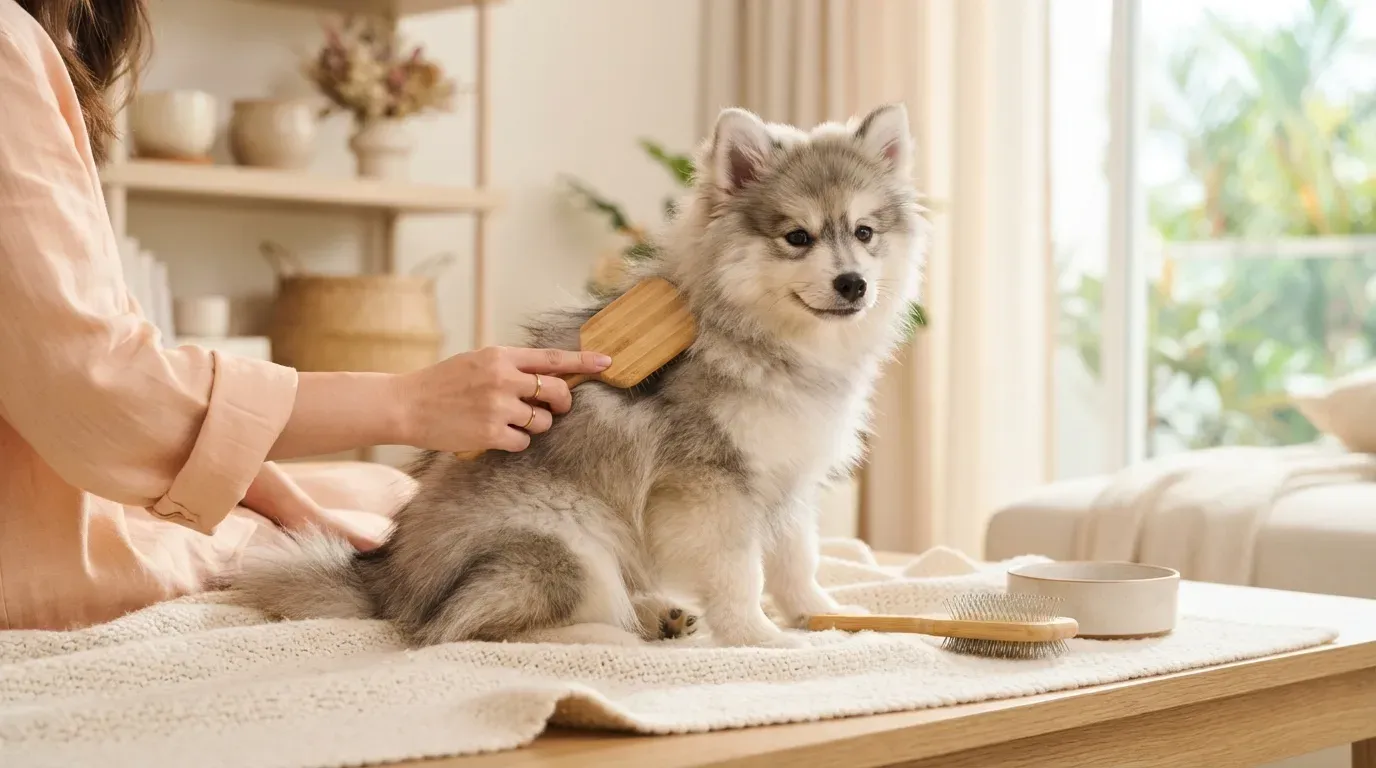 Pomsky puppy having its double coat brushed