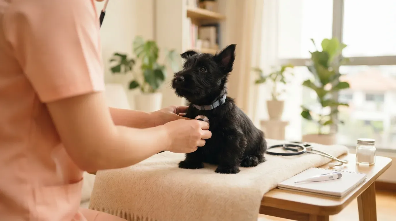 Scottish Terrier puppy at a veterinary health check before going home