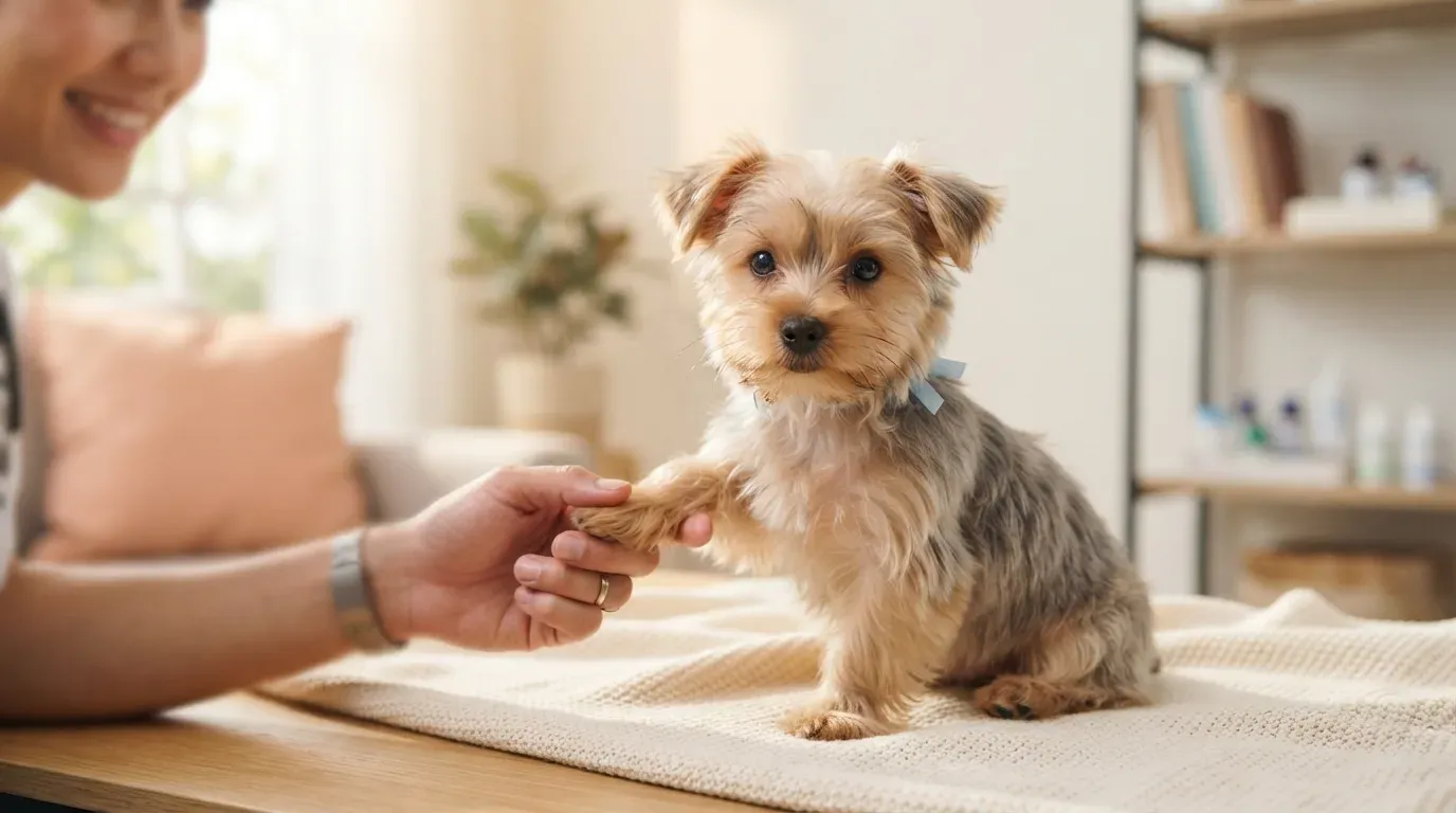 Silky Terrier puppy at a veterinary health check before going home