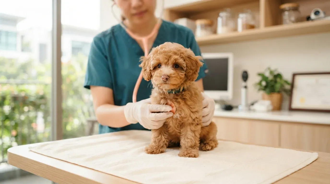 Toy Poodle puppy at a veterinary health check before going home
