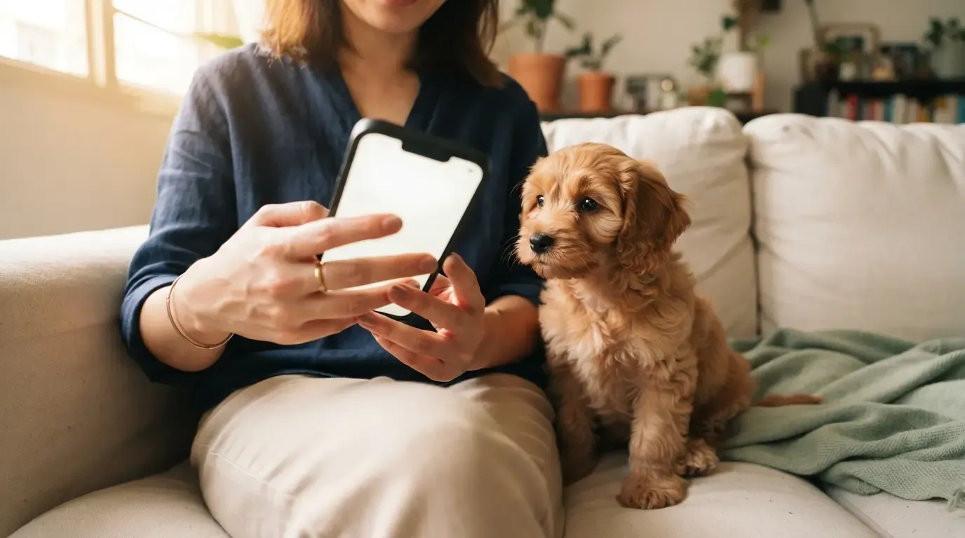 Buying a puppy safely in Singapore: buyer running the AVS registry check on their phone beside an attentive puppy