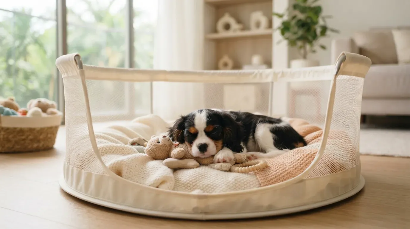 Cavalier puppy settling into a set-up playpen during its first week home