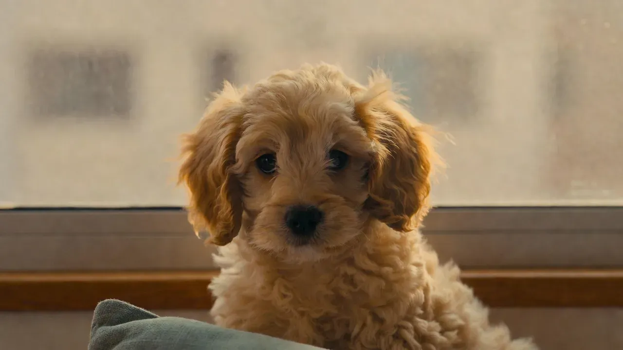 Cavapoo sitting content by a window after being matched to a working couple