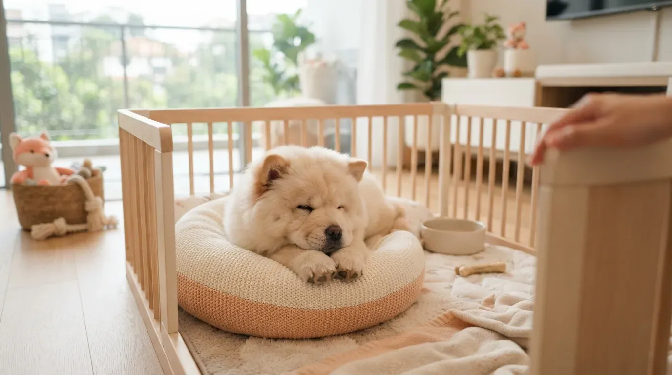Chow Chow puppy settling into a set-up playpen during its first week home