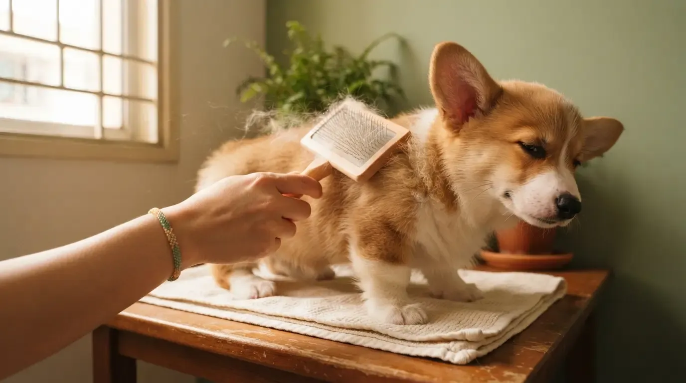 Corgi double coat care: brushing a young Corgi's thick coat during shedding weeks at home