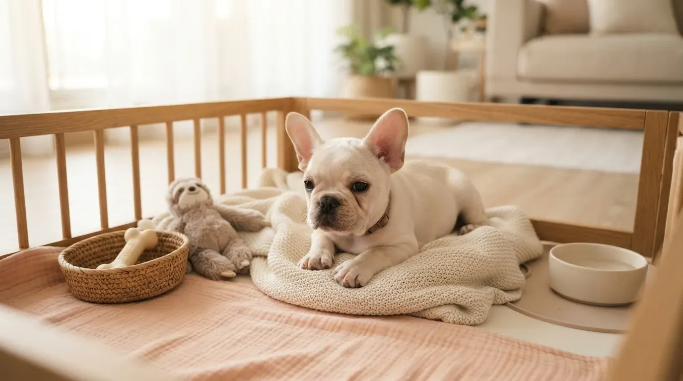 French Bulldog puppy settling into a set-up playpen during its first week home