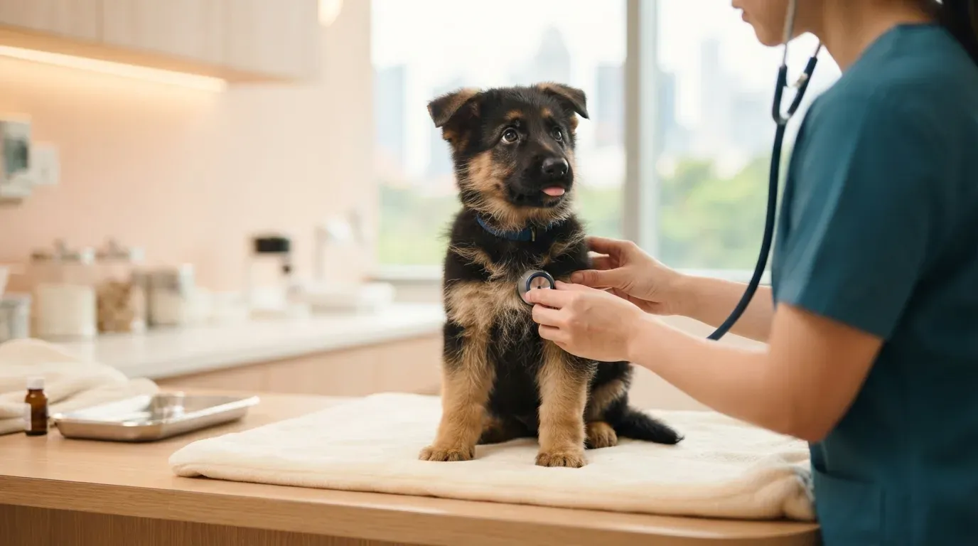 German Shepherd puppy at a veterinary health check before going home