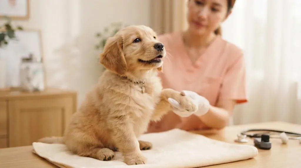 Golden Retriever puppy at a veterinary health check before going home