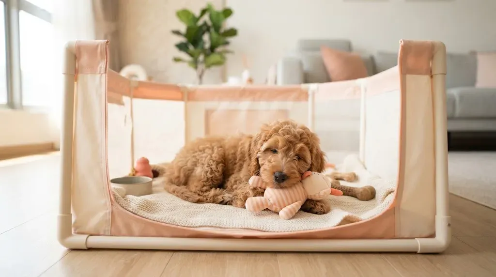 Goldendoodle puppy settling into a set-up playpen during its first week home