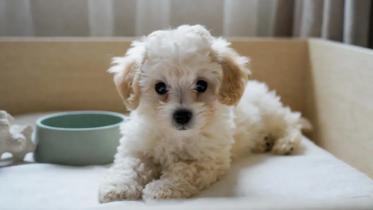 Maltipoo puppy settling into a set-up playpen during its first week home