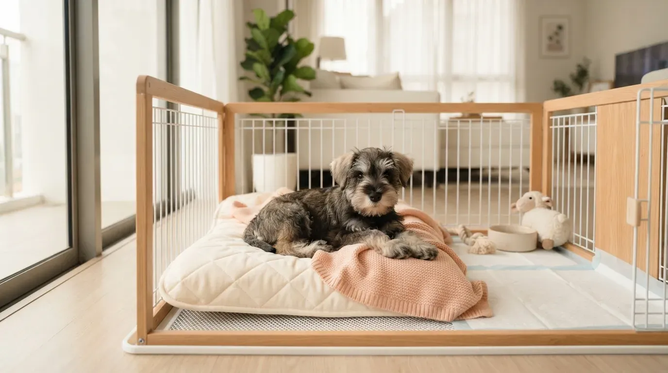 Miniature Schnauzer puppy settling into a set-up playpen during its first week home