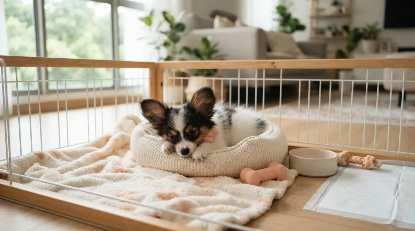 Papillon puppy settling into a set-up playpen during its first week home